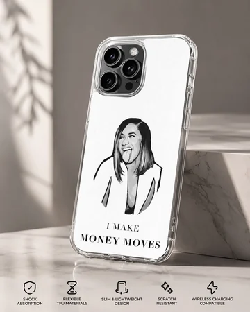 Monochrome digital illustration of a famous female rapper sticking out her tongue with bold text reading I make money moves phone case — Specs