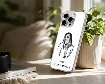 Monochrome digital illustration of a famous female rapper sticking out her tongue with bold text reading I make money moves phone case — Lifestyle