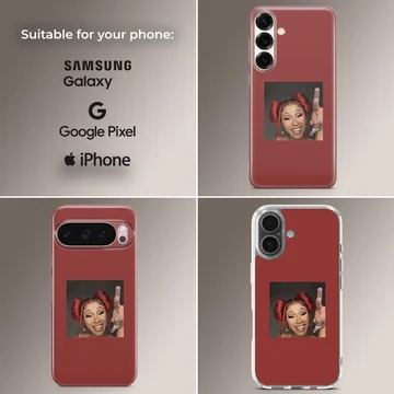 Portrait of Cardi B with red hair buns set against a rich red background on a phone case — Collage