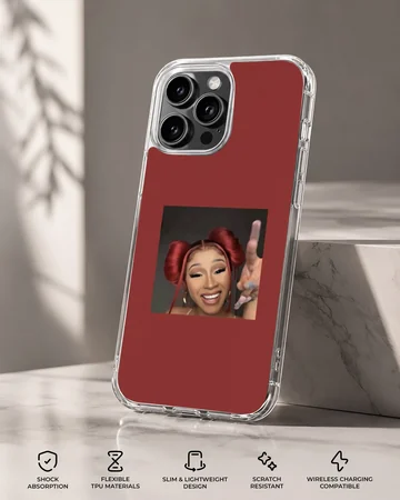 Portrait of Cardi B with red hair buns set against a rich red background on a phone case — Specs