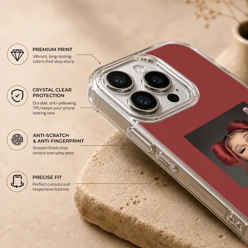 Portrait of Cardi B with red hair buns set against a rich red background on a phone case — Info