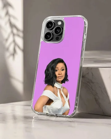 Cardi B music icon graphic printed on a matte phone case against a purple background