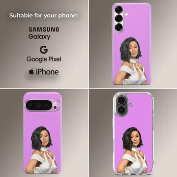 Cardi B music icon graphic printed on a matte phone case against a purple background — Collage