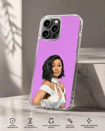 Cardi B music icon graphic printed on a matte phone case against a purple background — Specs