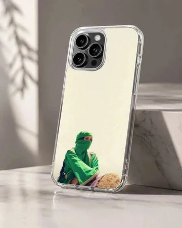 A photographic music icon print in green apparel against a light backdrop on a phone case