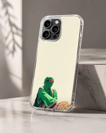 A photographic music icon print in green apparel against a light backdrop on a phone case — Hero