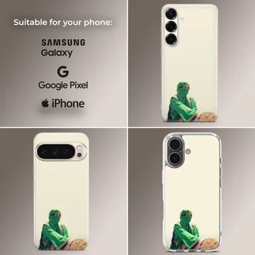 A photographic music icon print in green apparel against a light backdrop on a phone case — Collage