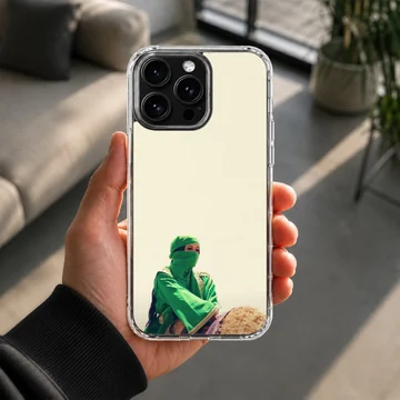 A photographic music icon print in green apparel against a light backdrop on a phone case — Lifestyle