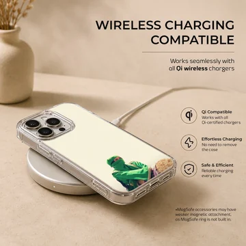 A photographic music icon print in green apparel against a light backdrop on a phone case — Charging