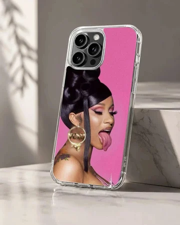 A vibrant pink portrait phone case featuring a woman with dark hair and a gold hoop earring