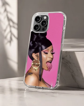 A vibrant pink portrait phone case featuring a woman with dark hair and a gold hoop earring — Hero