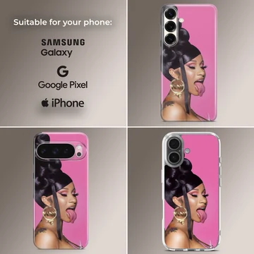 A vibrant pink portrait phone case featuring a woman with dark hair and a gold hoop earring — Collage