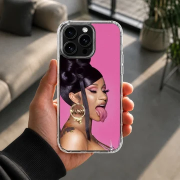 A vibrant pink portrait phone case featuring a woman with dark hair and a gold hoop earring — Lifestyle