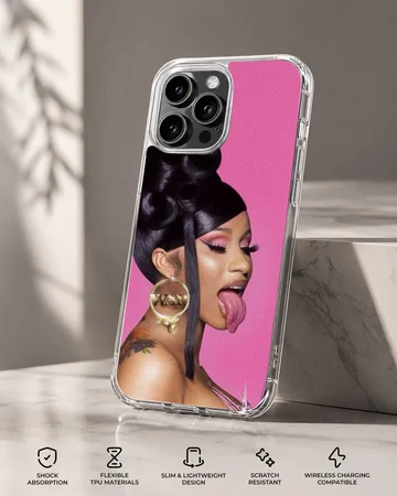 A vibrant pink portrait phone case featuring a woman with dark hair and a gold hoop earring — Specs