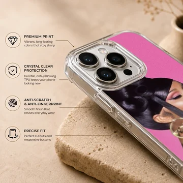 A vibrant pink portrait phone case featuring a woman with dark hair and a gold hoop earring — Info