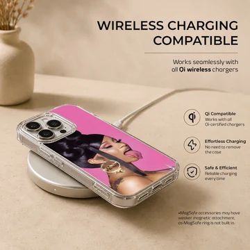 A vibrant pink portrait phone case featuring a woman with dark hair and a gold hoop earring — Charging