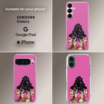Cardi B musical icon graphic against a bright pink background on a phone case — Collage