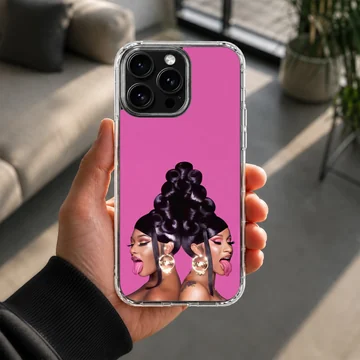 Cardi B musical icon graphic against a bright pink background on a phone case — Lifestyle