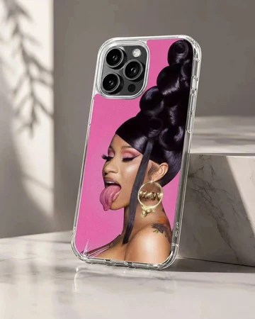 Striking pink portrait art print with sculptural dark hair on a phone case