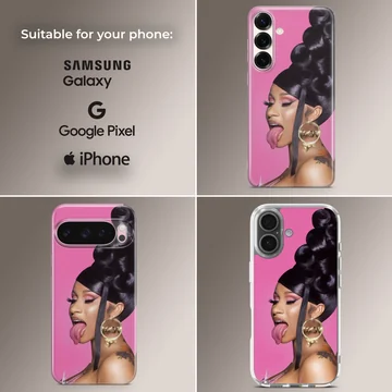 Striking pink portrait art print with sculptural dark hair on a phone case — Collage