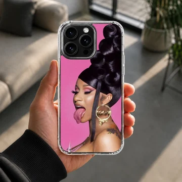Striking pink portrait art print with sculptural dark hair on a phone case — Lifestyle