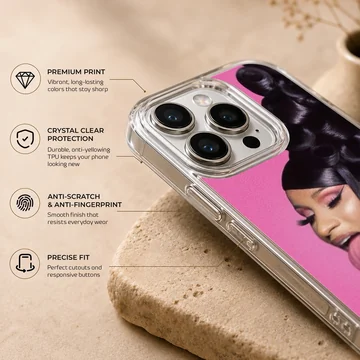 Striking pink portrait art print with sculptural dark hair on a phone case — Info