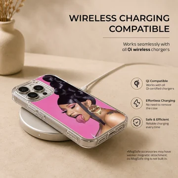 Striking pink portrait art print with sculptural dark hair on a phone case — Charging