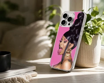 Striking pink portrait art print with sculptural dark hair on a phone case — Lifestyle