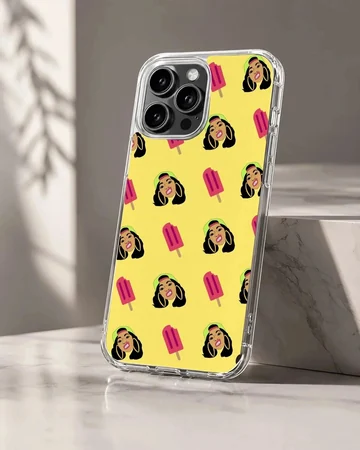 A repeat pattern phone case featuring stylized illustrations of a female rapper and pink popsicles on a yellow background
