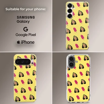 A repeat pattern phone case featuring stylized illustrations of a female rapper and pink popsicles on a yellow background — Collage