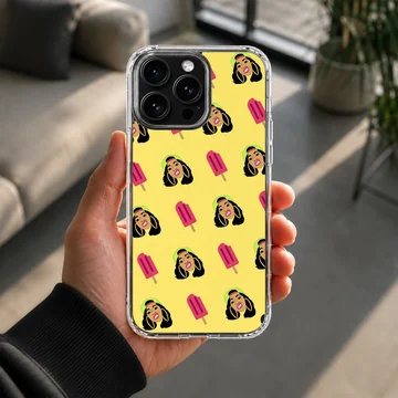 A repeat pattern phone case featuring stylized illustrations of a female rapper and pink popsicles on a yellow background — Lifestyle