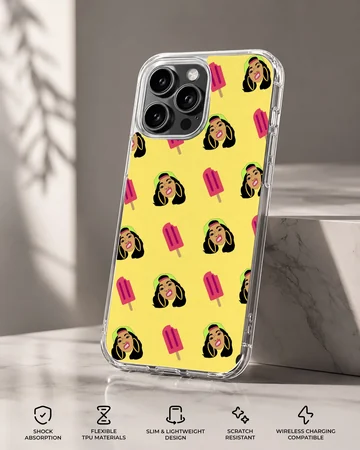 A repeat pattern phone case featuring stylized illustrations of a female rapper and pink popsicles on a yellow background — Specs