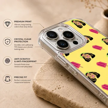 A repeat pattern phone case featuring stylized illustrations of a female rapper and pink popsicles on a yellow background — Info