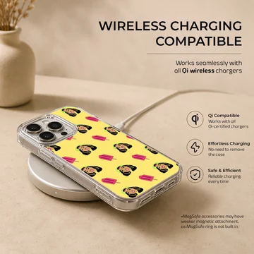 A repeat pattern phone case featuring stylized illustrations of a female rapper and pink popsicles on a yellow background — Charging