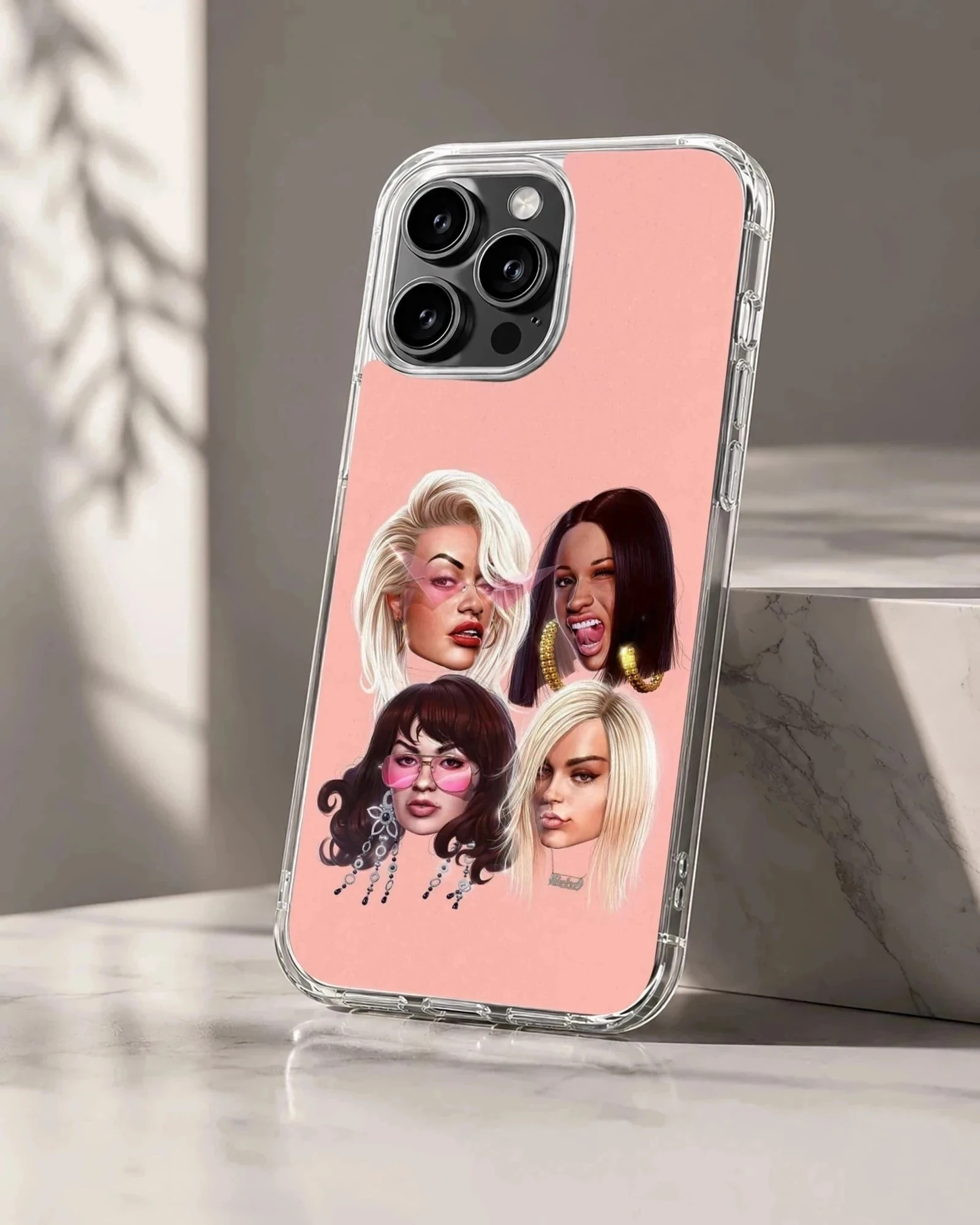 Digital illustration of famous female music icons with bold styling on a pink background phone case