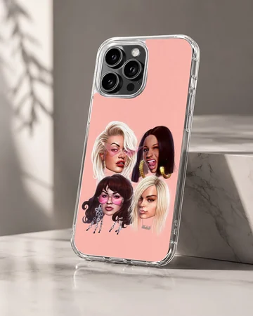Digital illustration of famous female music icons with bold styling on a pink background phone case — Hero