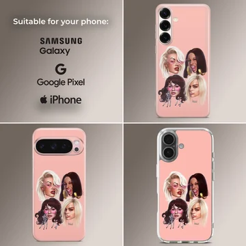 Digital illustration of famous female music icons with bold styling on a pink background phone case — Collage
