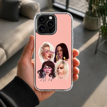 Digital illustration of famous female music icons with bold styling on a pink background phone case — Lifestyle