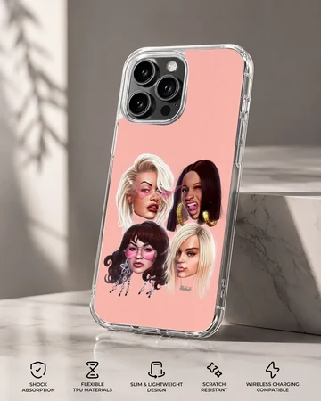 Digital illustration of famous female music icons with bold styling on a pink background phone case — Specs