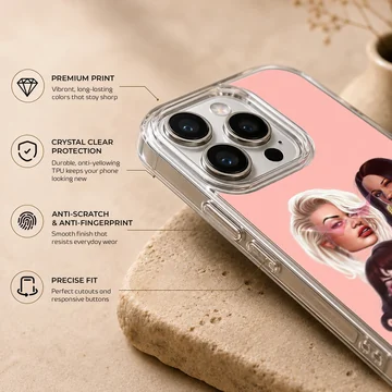 Digital illustration of famous female music icons with bold styling on a pink background phone case — Info