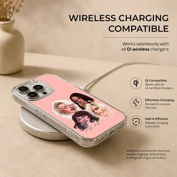 Digital illustration of famous female music icons with bold styling on a pink background phone case — Charging