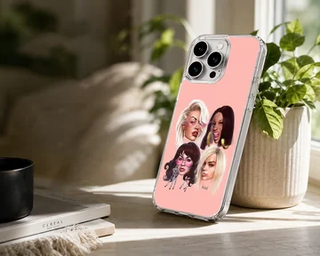 Digital illustration of famous female music icons with bold styling on a pink background phone case — Lifestyle