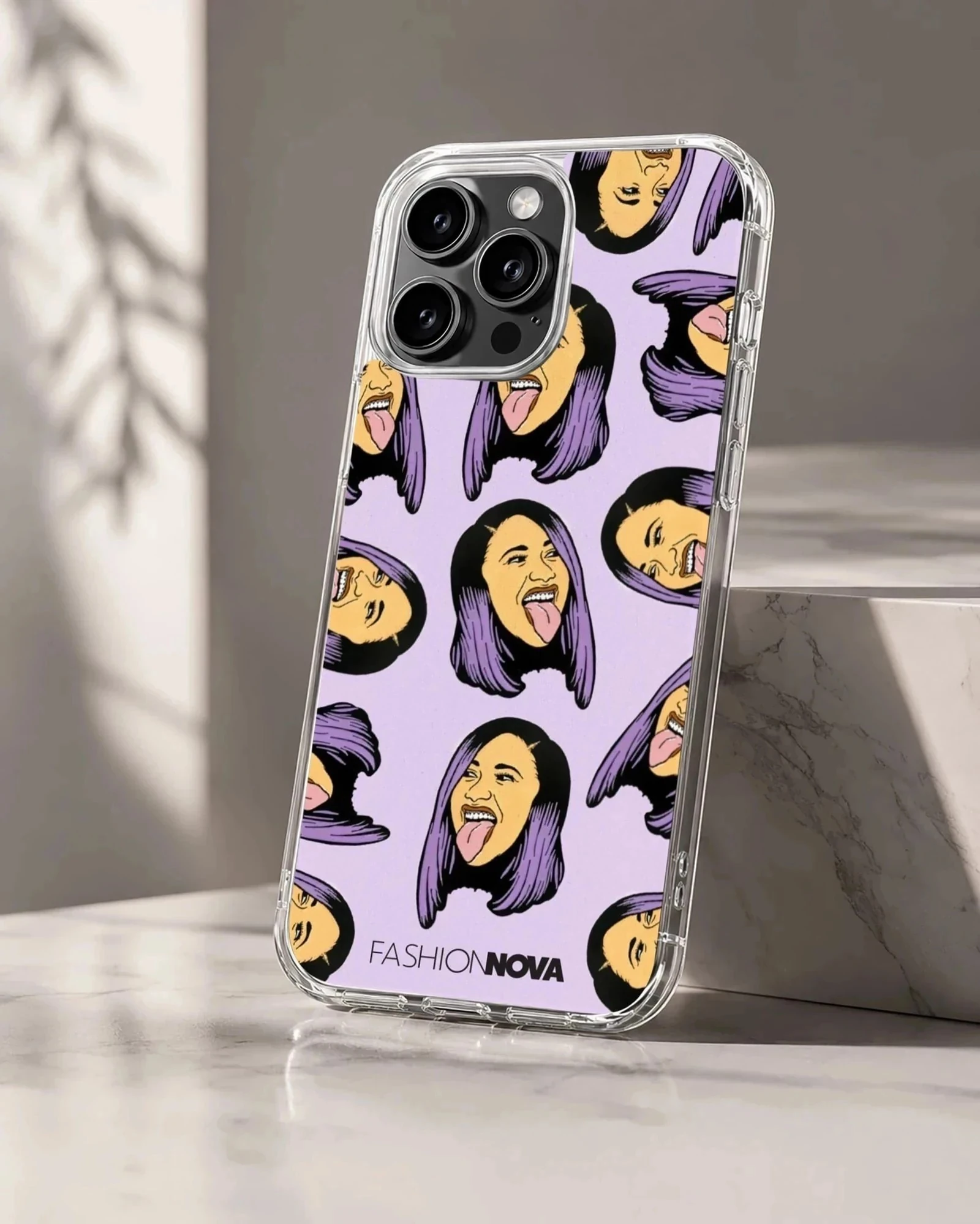 Repeated digital illustration of a female icon with purple hair on a lavender phone case.