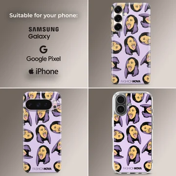 Repeated digital illustration of a female icon with purple hair on a lavender phone case. — Collage