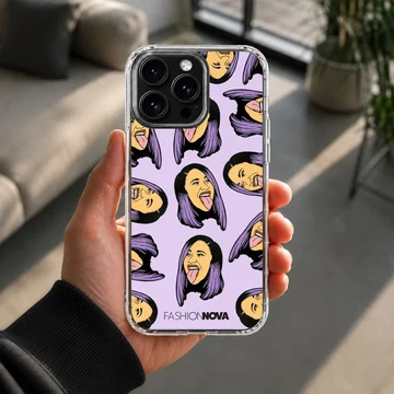 Repeated digital illustration of a female icon with purple hair on a lavender phone case. — Lifestyle