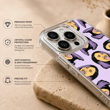 Repeated digital illustration of a female icon with purple hair on a lavender phone case. — Info