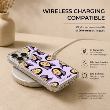Repeated digital illustration of a female icon with purple hair on a lavender phone case. — Charging