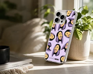 Repeated digital illustration of a female icon with purple hair on a lavender phone case. — Lifestyle