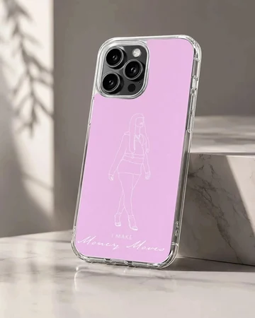 Pastel purple phone case featuring white minimalist line art of a stylish female figure and script text at the bottom