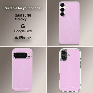 Pastel purple phone case featuring white minimalist line art of a stylish female figure and script text at the bottom — Collage